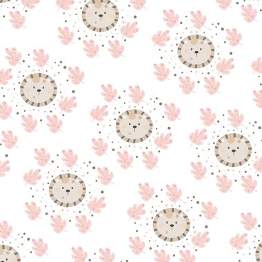 Yaprakların arasında sevimli kaplan başı deseni var. Sevgililer günü için desen, baskı, ambalaj, dekorasyon, duvar kağıdı ve tasarım, telefon, yatak örtüsü, pijama, çocuk pijaması