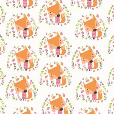 Yaprakları ve çiçekleri olan şirin tilki deseni. Vektörde parlak renklerde muhteşem arkaplan