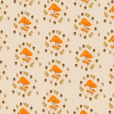 Mantar deseni, yapraklı ve tohumlu kusursuz desenli aile çizimi. Çizgi film vektör çizimi. Güzel grafik arka plan. Çocuklar için baskı. Küçük bir çocuk odası için İskandinav tasarımı.