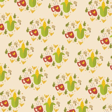 Mısır, yaprak ve mantar sebze şekilli vektör deseni. vektör çizimi tasarımı