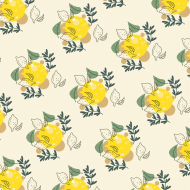 Yeşil yapraklı taze sarı limon meyvesinin kusursuz deseni. Vektör düz çizim. Tekstil, duvar kağıdı ve ambalaj için tasarım