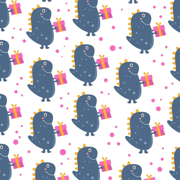 Seamless Cute Dinosaur Pattern Gifts Happy Birthday Pattern Bright Background — стоковый вектор
