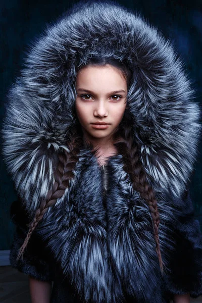 Beautiful Fashionable Girl Fur Coat Hood Posing Studio Closeup Portrait — Stock Photo, Image