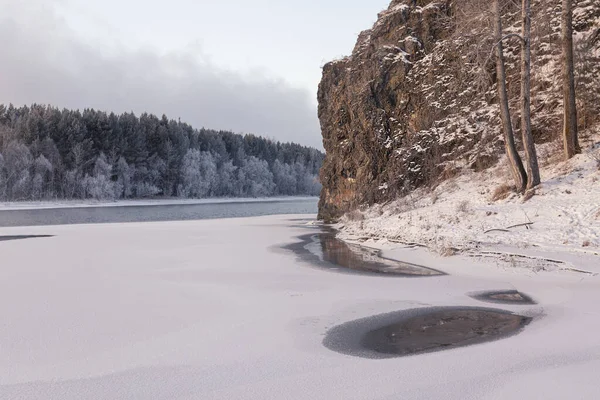Winter Landscape Frozen River Hole Ice Rocks Forest Bank — Stockfoto
