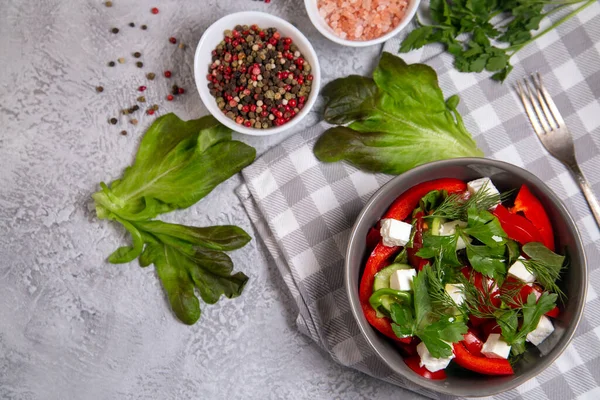 Salad Fresh Vegetables Herbs Feta Cheese Healthy Food Rich Vitamins — Stock Photo, Image