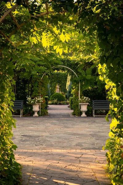 Gartengestaltung Park Grüne Bögen Aus Pflanzen Bäume Sträucher Blumenbeete — Stockfoto