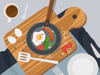 Sosisli ve sebzeli omlet. Düz dizaynlı gıda çizimi