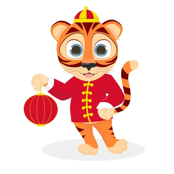 Tiger Chinesischer Kleidung Mit Laterne Chinesisches Neujahr — Stockvektor