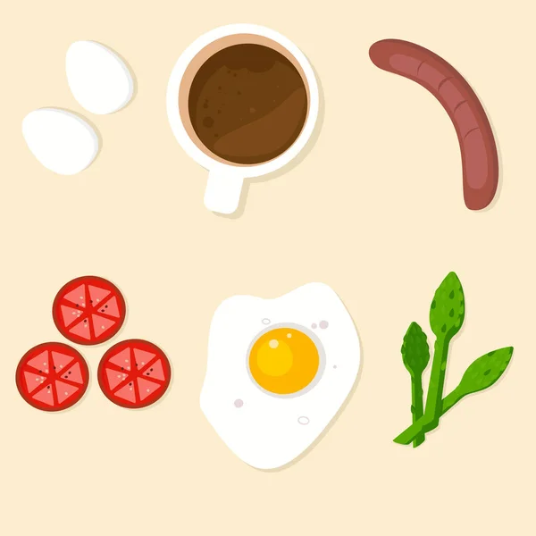 Conjunto Componentes Alimenticios Café Huevos Salchichas Verduras — Vector de stock