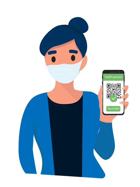 Young woman in blue clothes shows health passport on her smartphone