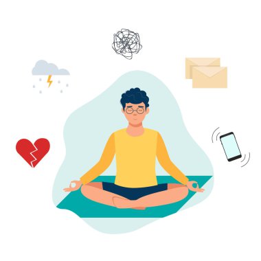 Genç adam akıl sağlığı için meditasyon yapıyor. Düz Çizim