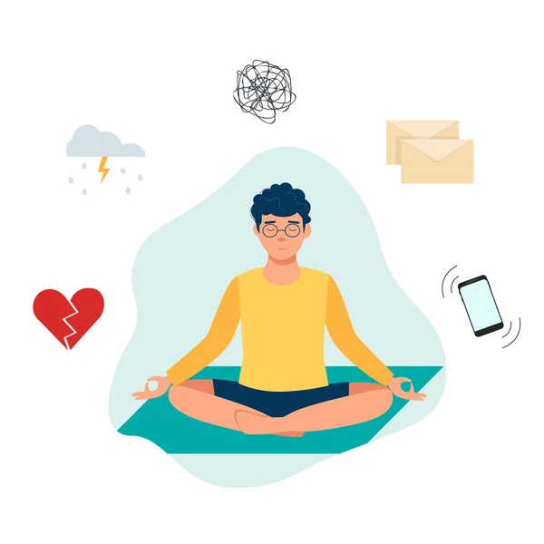 Genç adam akıl sağlığı için meditasyon yapıyor. Düz Çizim