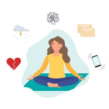 Genç kadın akıl sağlığı için meditasyon yapıyor. Düz Çizim