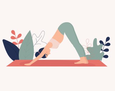 Kadın doğada yoga yapıyor ve gidiyor. Yoga dersleri için illüstrasyon kavramı