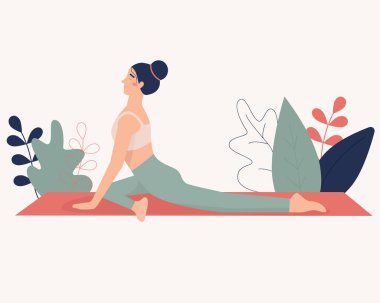 Kadın doğada yoga yapıyor ve gidiyor. Yoga, meditasyon, rahatlama, asana, spor kavramları. 
