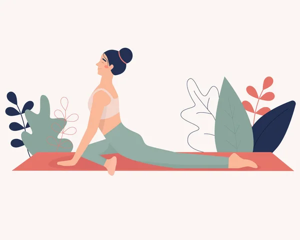 Donna Che Yoga Natura Illustrazione Concettuale Yoga Meditazione Relax Asana — Vettoriale Stock