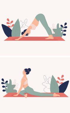 Kadınlar için yoga. Egzersiz için aktif spor kızları koleksiyonu, vücut egzersizleri..