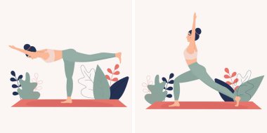 Yoga yapan bir kızla kartlar, kadın vektör çizimleri. Düz tasarım