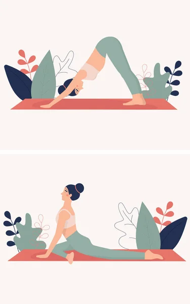 女人的瑜伽 为练习普拉提和放松身体运动收集积极的女运动员 — 图库矢量图片