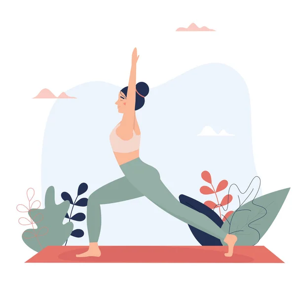 Kız yoga yapıyor. Doğa tarzında düz illüstrasyon