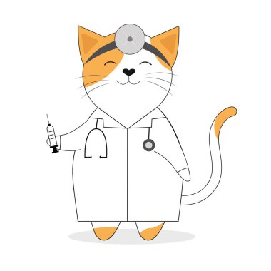Steteskopu ve şırıngası olan sevimli çizgi film doktoru kedi. Düz vektör illüstrasyonu