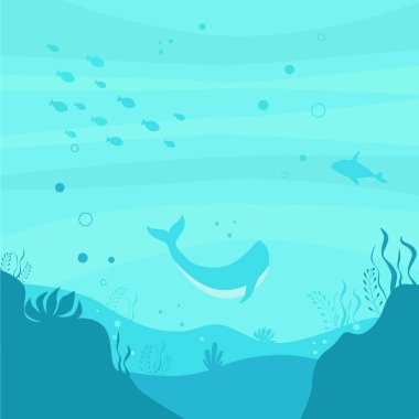 Balinalı, köpekbalıklı, yosunlu ve mercanlı sualtı dünyası. Arkaplan mavisi resimleme