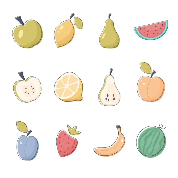 Isolerat Fruktset Vektorillustration Med Äpple Päron Citron Vattenmelon Persika Plommon — Stock vektor