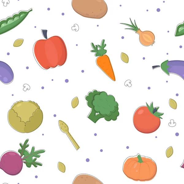 野菜のシームレスなパターン 有機農家の野菜パターン トマト ブロッコリー キャベツ カボチャ キノコとニンジン — ストックベクタ