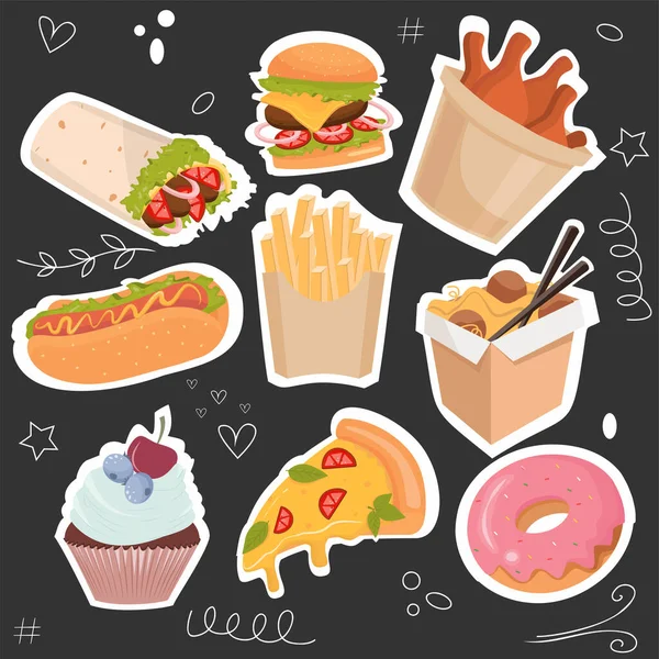 Fast Food Sticker Set Black Background — Stock Vector