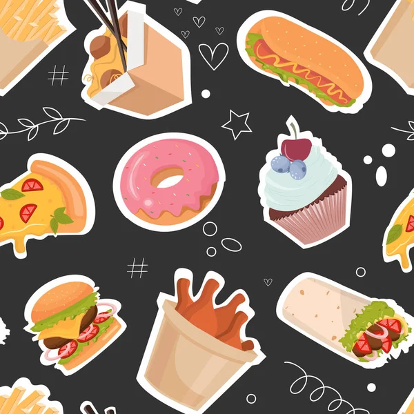 Seamless pattern with junk food on black background