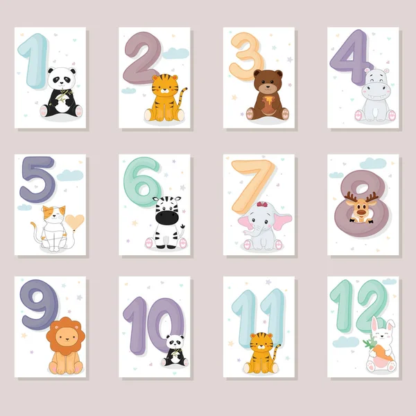Geburtstagskarte Für Den Babymonat Mit Zahlen Und Tieren — Stockvektor