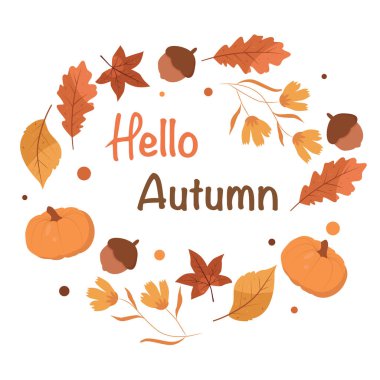 Hello autumn lettering with leaves. Fall vector illustration