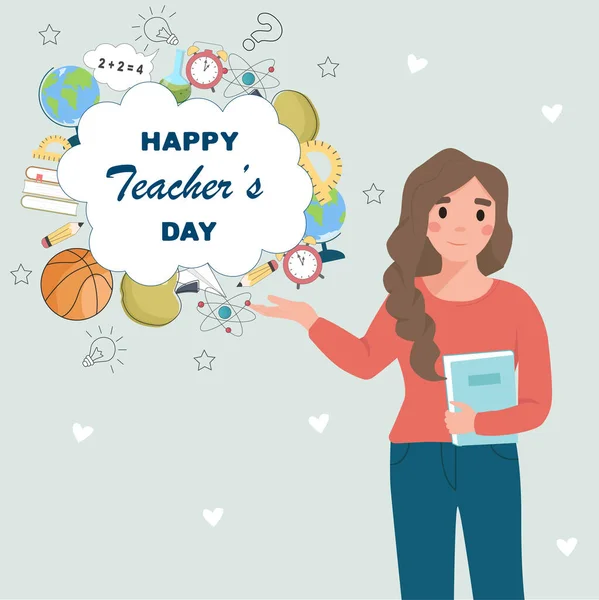 Teacher's day vector illustration. Woman standing near lettering