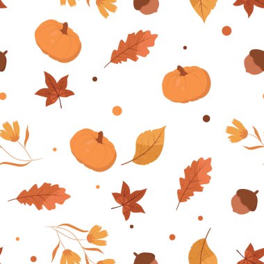 Seamless pattern with falling leaves and pumpkins.