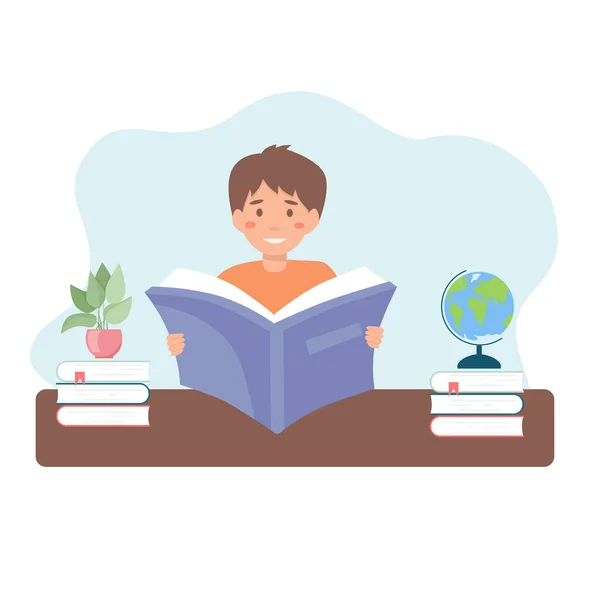 Boy Sitting Table Reading Book Studying Boy Vector Illustration — Image vectorielle