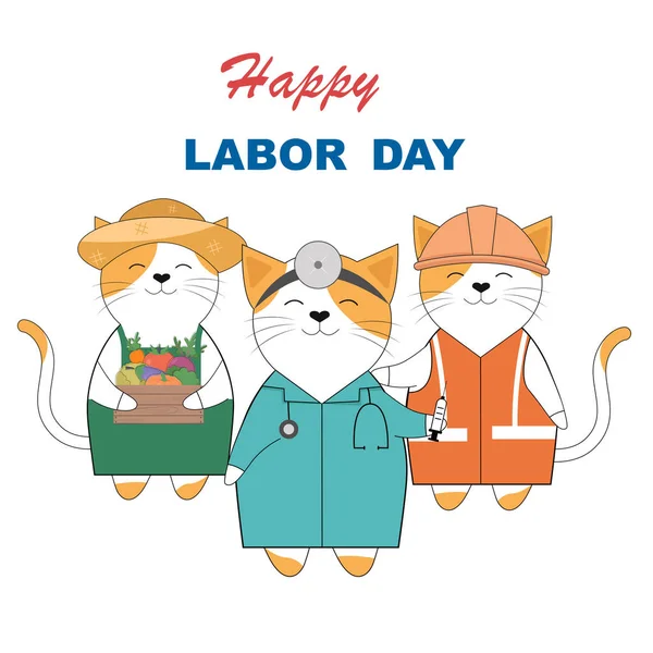 Cute cat celebrate labor day cartoon icon vector