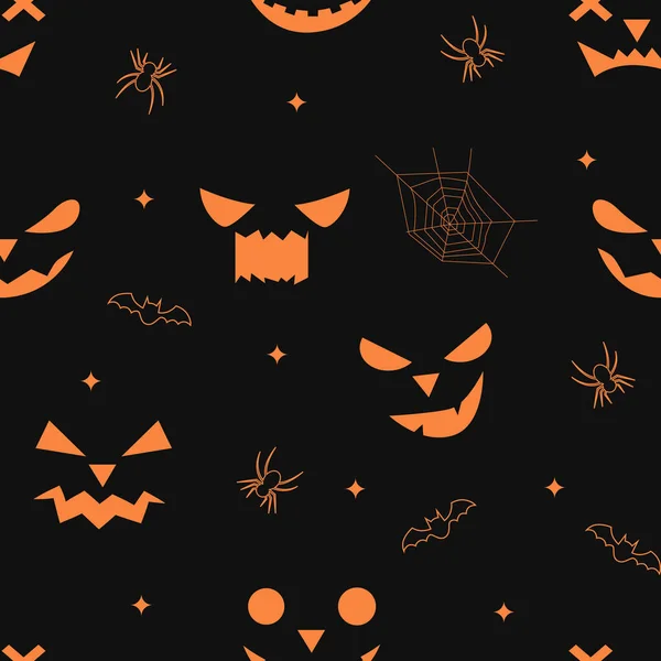 Seamless Black Orange Halloween Pattern Jack Lantern Smile Bat Spider — Vetor de Stock