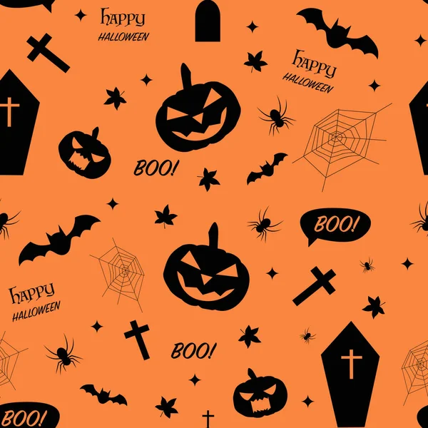 Seamless Orange Halloween Pattern Pumpkin Bat Spider Orange Background — Vetor de Stock