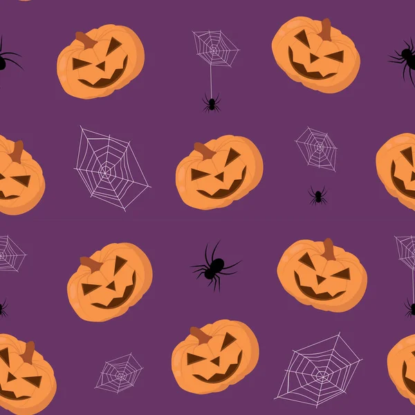 Seamless Purple Halloween Pattern Jack Lantern Pumpkin Spider Purple Background — Vetor de Stock