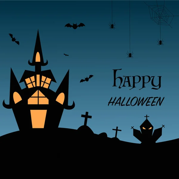 Halloween Background Ghost House Bats Graves Happy Halloween Lettering — Archivo Imágenes Vectoriales