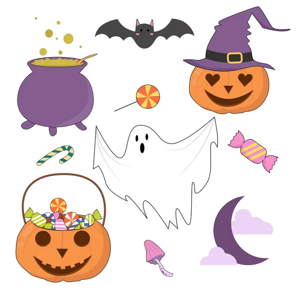 Conjunto Halloween Vetorial Com Elementos Assustadores Bonitos — Vetor de Stock