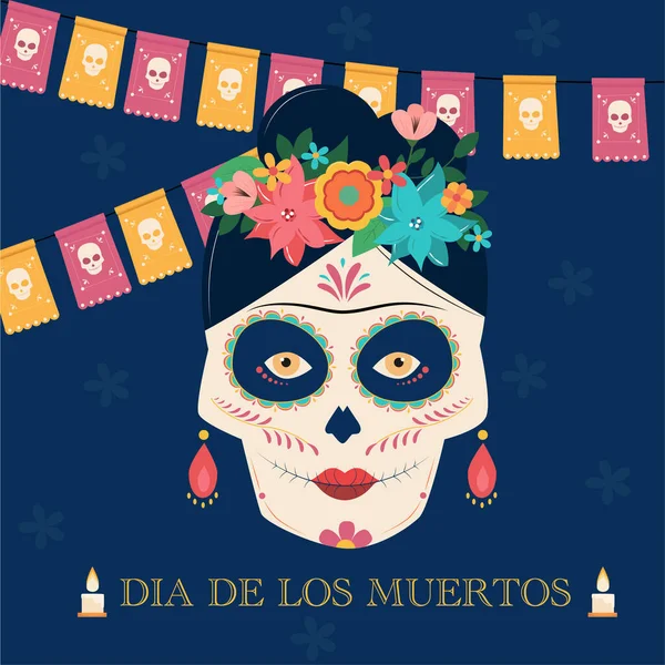 Dia Los Muertos Femme Avec Des Fleurs — Image vectorielle