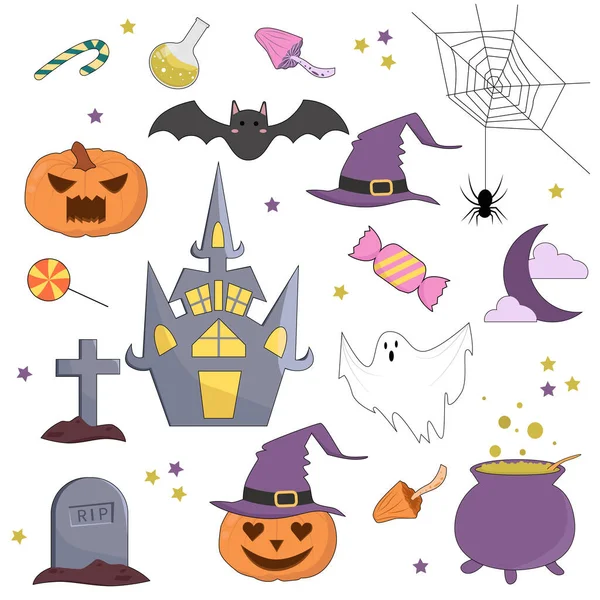 Clipart Halloween Con Lindos Personajes Dibujos Animados Caldero Calabazas Otras — Archivo Imágenes Vectoriales