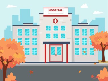 Sonbahar manzaralı bir hastane. Beyaz doktor evi vektör illüstrasyonu 