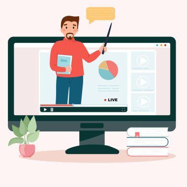 Çevrimiçi eğitim tasarımı. Bilgisayar ekranında erkek öğretmenle video
