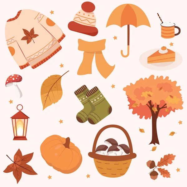 Vector Autumn Set Clothes Leaves Pumpkins Lantern Coffe Acorns Umbrella — Stock Vector