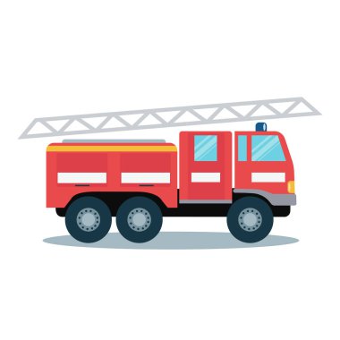 Kırmızı itfaiye aracı, kurtarma kamyonu beyaz yolda.