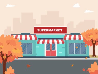 Autumn City Flat Illustration 'da süpermarket