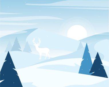 Kar yağışı, geyik, kar taneleri ve çam ağaçları olan kış manzarası
