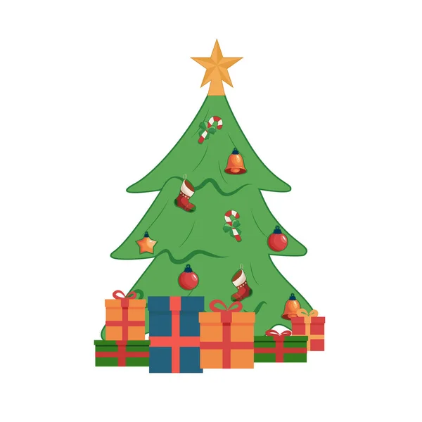 Albero Natale Con Ornamenti Regali Stella Isolato Bianco — Vettoriale Stock